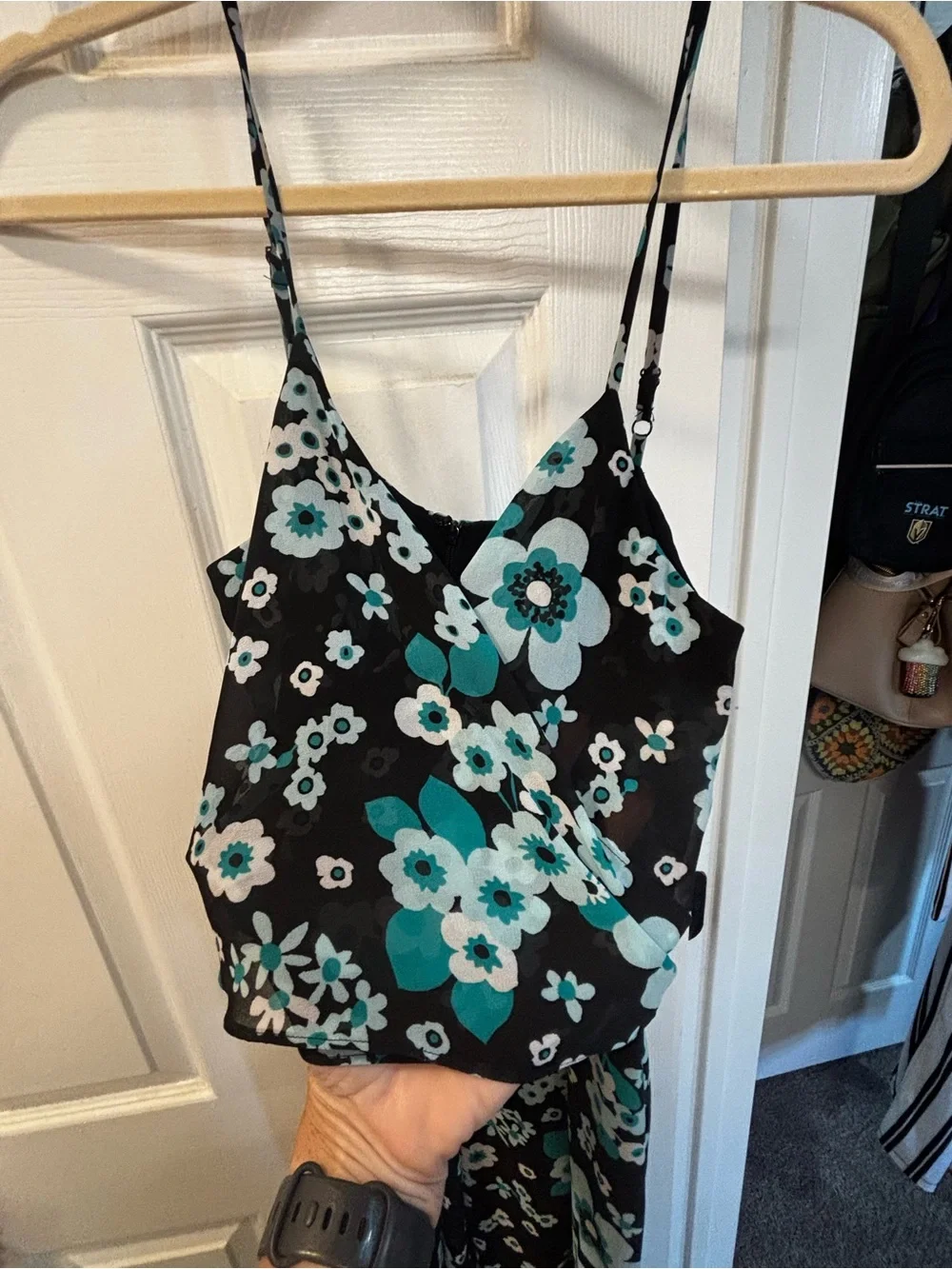 Michael Kors Black Floral V-Neck Wide-Leg Jumpsuit with Teal Accents